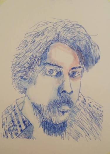 Self-portrait; pen-and-wash with watercolour thumb