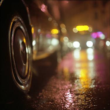 Cars in urban street on rainy night hasselblad medium format analog film photograph thumb