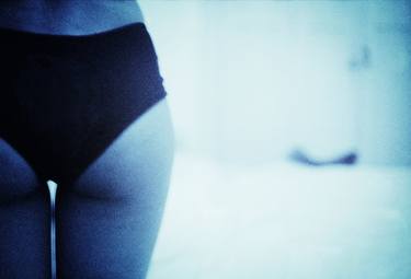  Young lady in underwear by bed sensual erotic analog monochrome photo in blue  thumb