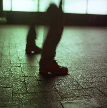 Surrealist photo of legs walking without bodies square color analogue medium format film Hasselblad photo thumb