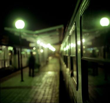 Old train at night in empty station green square Hasselblad medium format film analog photograph thumb