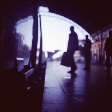 Passenger with luggage boarding old train in station blue square Hasselblad medium format film analog photo thumb