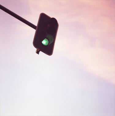 Green traffic go light signal and sky still life blue square Hasselblad medium format film analog photograph thumb