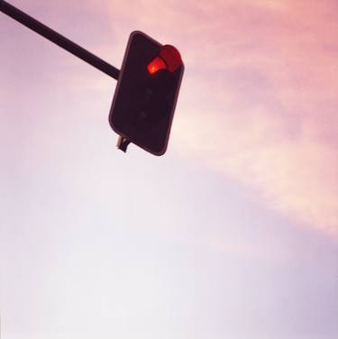 Red traffic stop light signal and sky still life blue square Hasselblad medium format film analog photograph thumb