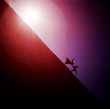 Red purple diagonal surrealist photo of people falling off earth square Hasselblad medium format film analogue thumb