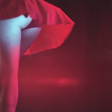 Young lady in red skirt blowing up square Hasselblad medium format  film erotic fine art analogue photo thumb