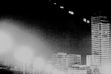 Madrid Spain city skyline at night black and white photograph thumb