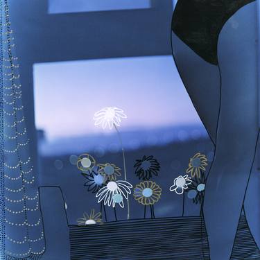 Lady in winow in blue analog photo illustration drawing painting mixed media - Limited Edition of 1 thumb