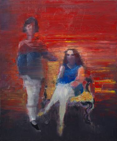 Two women against a red wall thumb