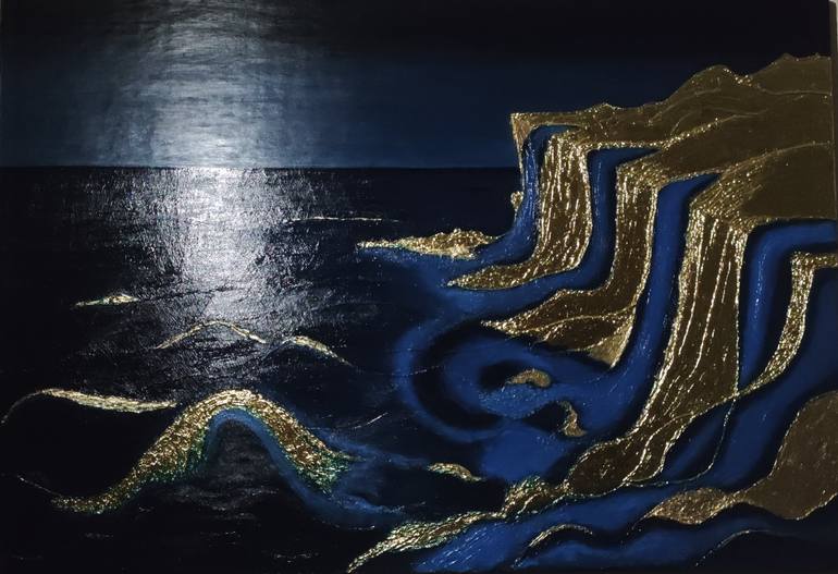 Original Seascape Mixed Media by Huseyin Akar | Abstract Art on Acrylic | The Secret of the Night