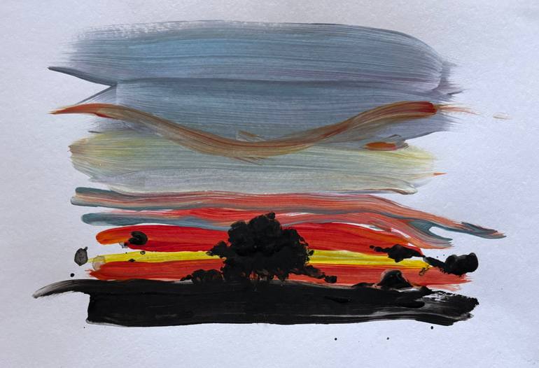Original Landscape Painting by Cristina Boccadoro | Contemporary Art on Paper | sunset among the pines - sintesi series