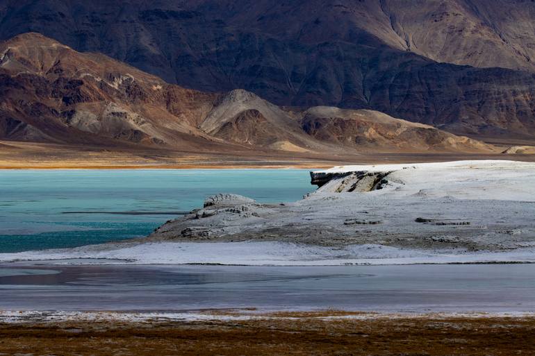 Original Landscape Photography by Feng Zuo | Art Deco Art on Paper | The Salt-Crusted Sapphire: A Hidden Lake in Ngari