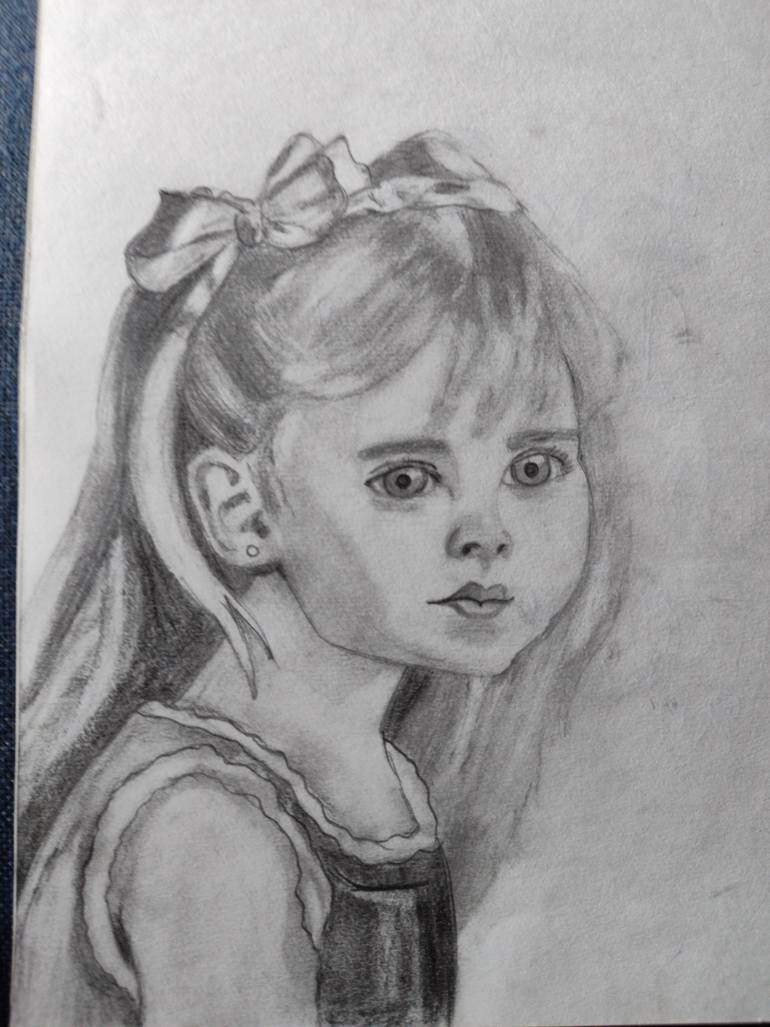 Original Children Drawing by Prakash Mylar | Black & White Art on Paper | The little girl
