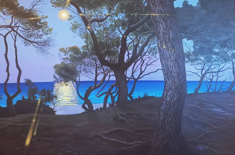 Original Seascape Painting by Mikel Richard | Figurative Art on Canvas | La lune ressemble au soleil (The moon shines like the sun)