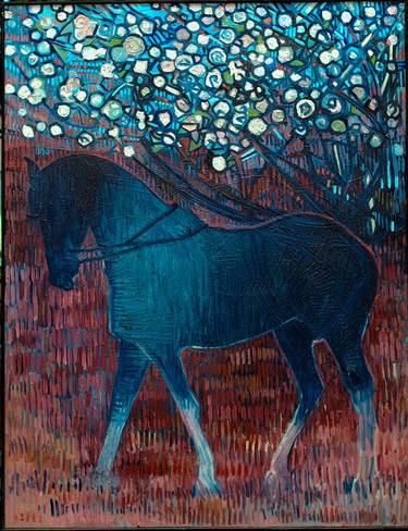 Blue horse on red grass thumb