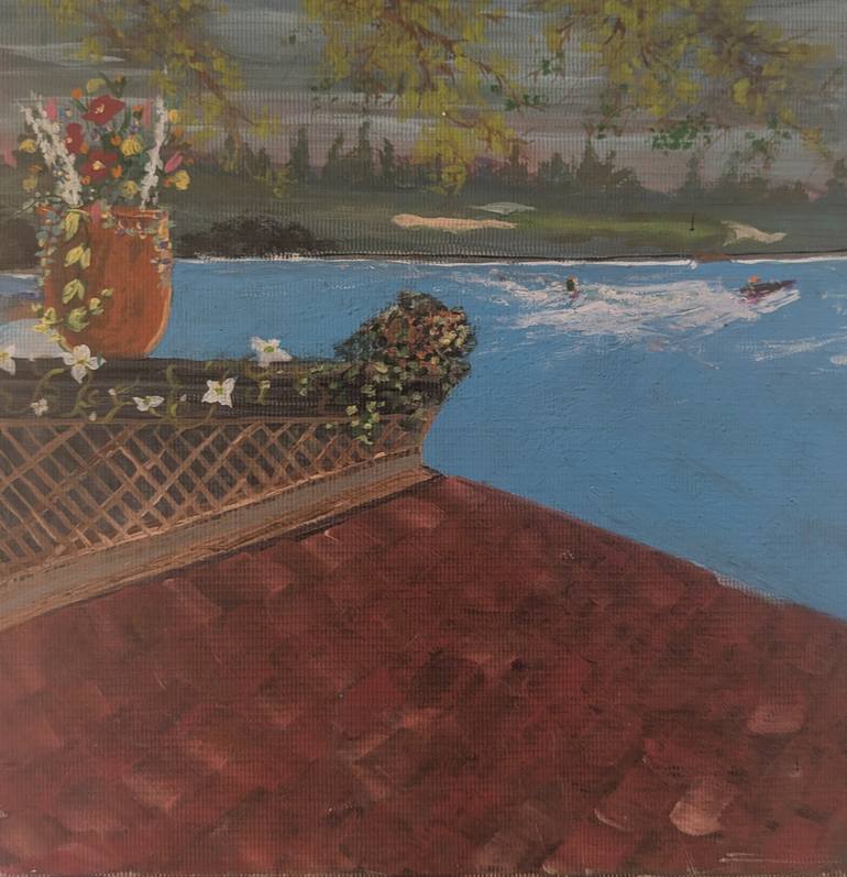 Original Boat Painting by Carl Britton | Pop Art Art on Canvas | rooftop view of the lake