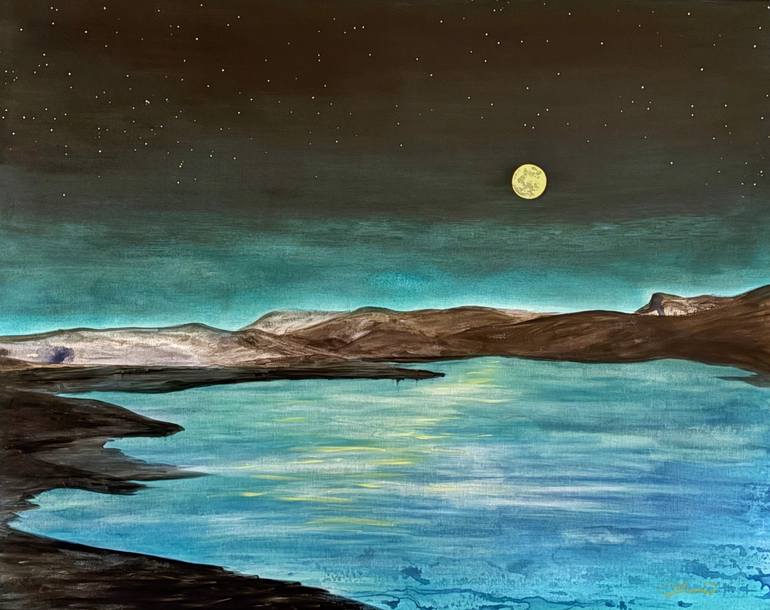 Original Landscape Painting by Joshua Burris | Abstract Expressionism Art on Canvas | Moon on the Lake