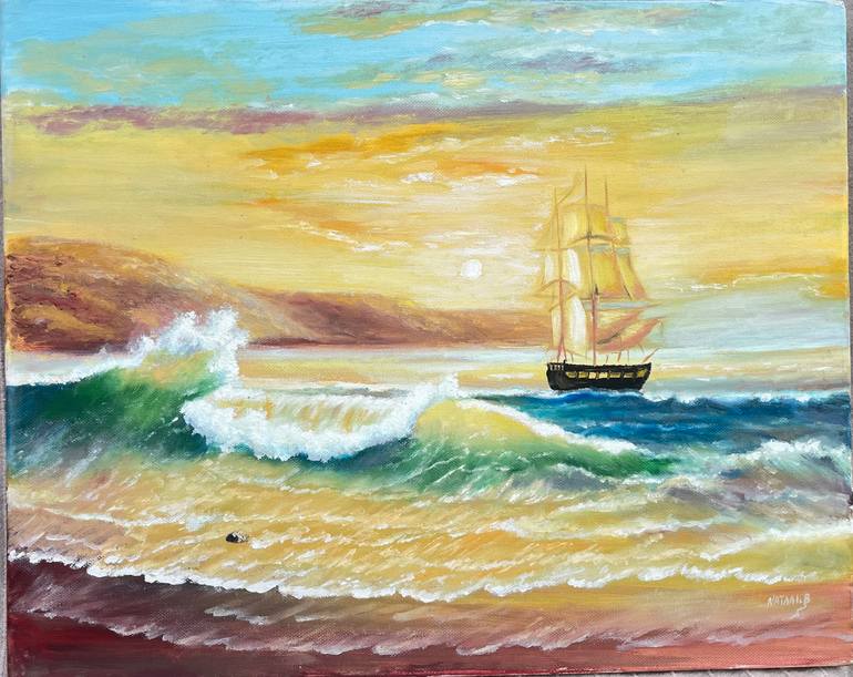 Original Beach Painting by Natalia Breabina | Impressionism Art on Canvas | "reflection of the sunset"