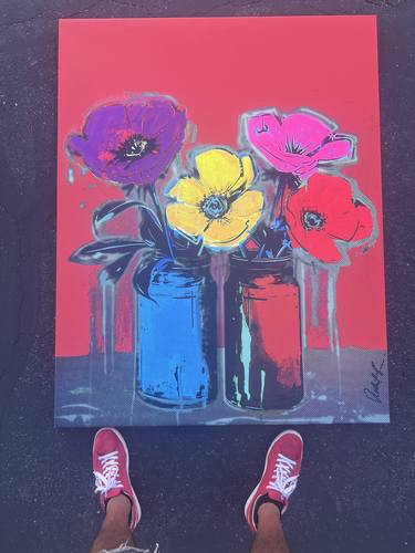 Red Silkscreen Flowers Canvas Giclee Painting Open Edition thumb