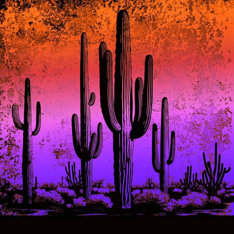 Sunset Cactus Saguaros Signed Art by Robert Erod Digital by Robert Erod ...