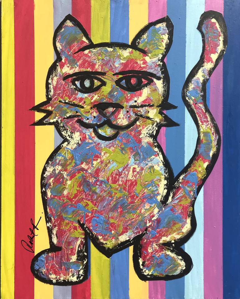 Rainbow Cat Pop Art Original 24x30 Painting by Robert Erod | Saatchi Art
