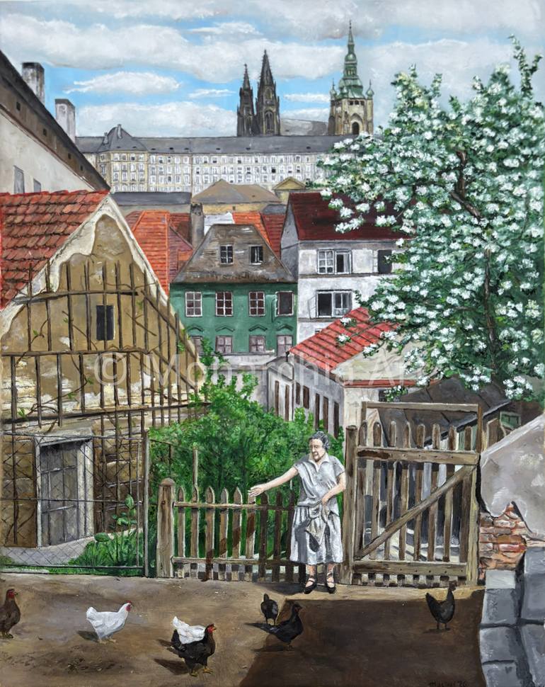 Original Cities Painting by Jan Machac | Documentary Art on Canvas | Little Courtyard below the Prague Castle (Dvorek pod Hradem)