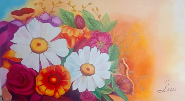 Original Floral Painting by Luz Piedad Esquivel Tafurt | Expressionism Art on Canvas | Sunset in the Garden