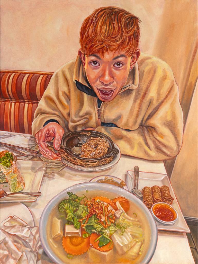 Original People Painting by Jackie Liu | Figurative Art on Canvas | Date Night at the Vegan Vietnamese Restaurant in Oakland