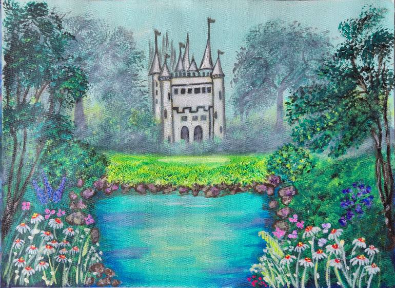 Original Abstract Painting by Sangeetha G | Abstract Expressionism Art on Canvas | Enchanted Castle by the Garden Lake