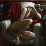 Male Model, Curled in Chair, with Various Color Accents by Kendric Tonn