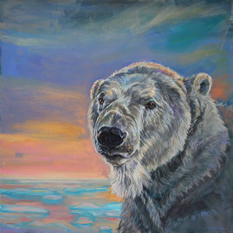 Original Animal Painting by Christine Montague | Illustration Art on Canvas | Into the Sunset 2. A Polar Bear Series