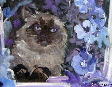 Blue Eyes Inside (Ragdoll Cat with Hollyhocks) thumb