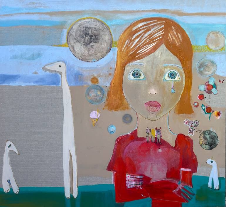 Original Children Painting by Ludwika Kimmel | Dada Art on Linen | Astronaut Girl -- The Weight of Small Planets