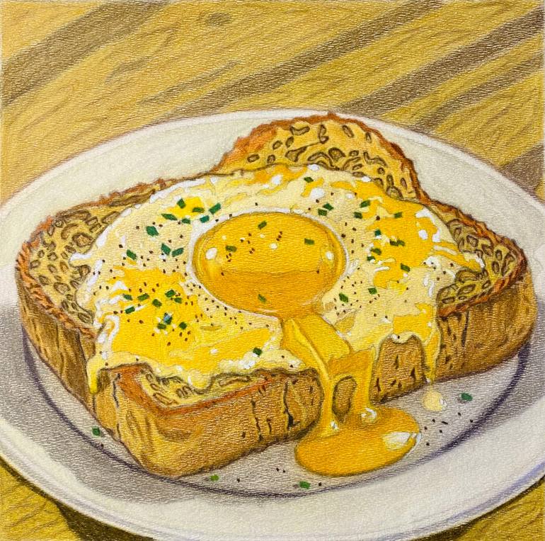 Original Food & Drink Drawing by Jeffrey Obaweki | Photorealism Art on Paper | Sunny Side Up On a Toast