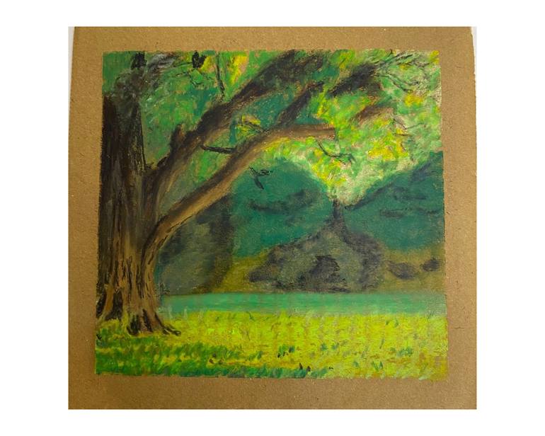 Original Nature Drawing by Albandari Nafee | Realism Art on Pressed Cardboard | Green Tree by the Lake
