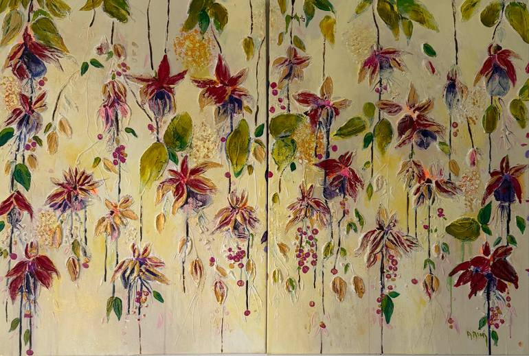 Original Floral Painting by Askin Asan | Abstract Expressionism Art on Canvas | My Mom's Fuchsia (2 Set)