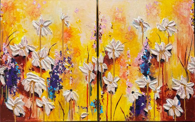 Original Floral Painting by Askin Asan | Abstract Expressionism Art on Canvas | Sunlit Flowers (2 Set)