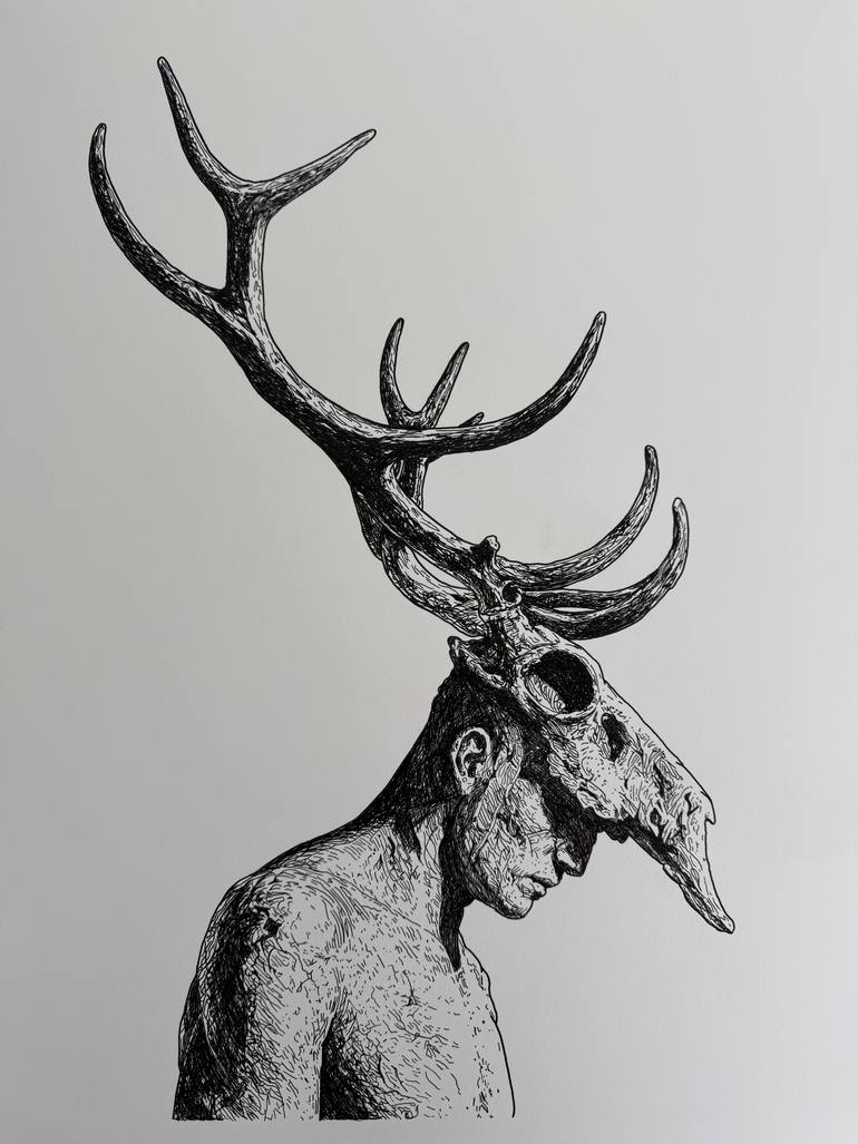 Original People Drawing by Carlos Barta | Black & White Art on Paper | The Guardian of Silence