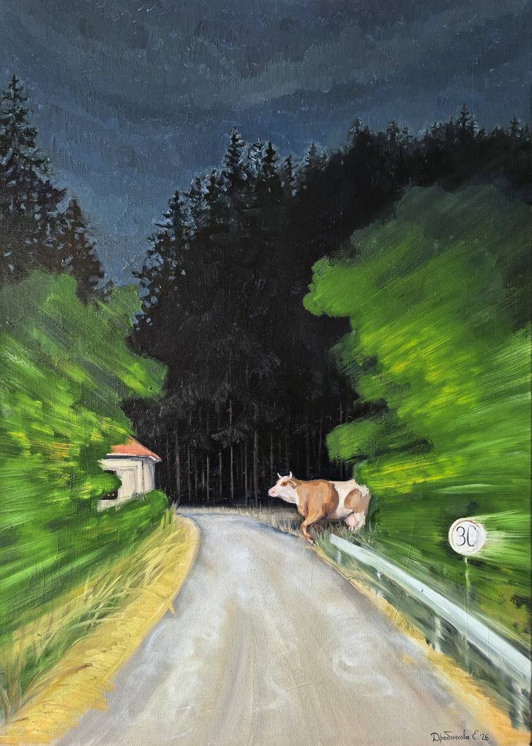 Original Landscape Painting by Elena Drobenkova | Conceptual Art on Canvas | Road into the Night