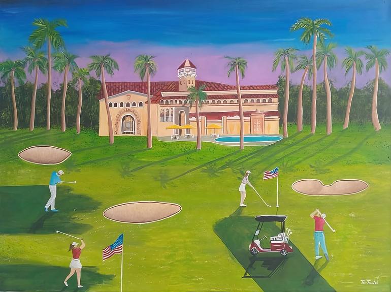 Original Other Painting by Tania Haws | Realism Art on Canvas | Sunset at the Club - Golf Lifestyle Painting