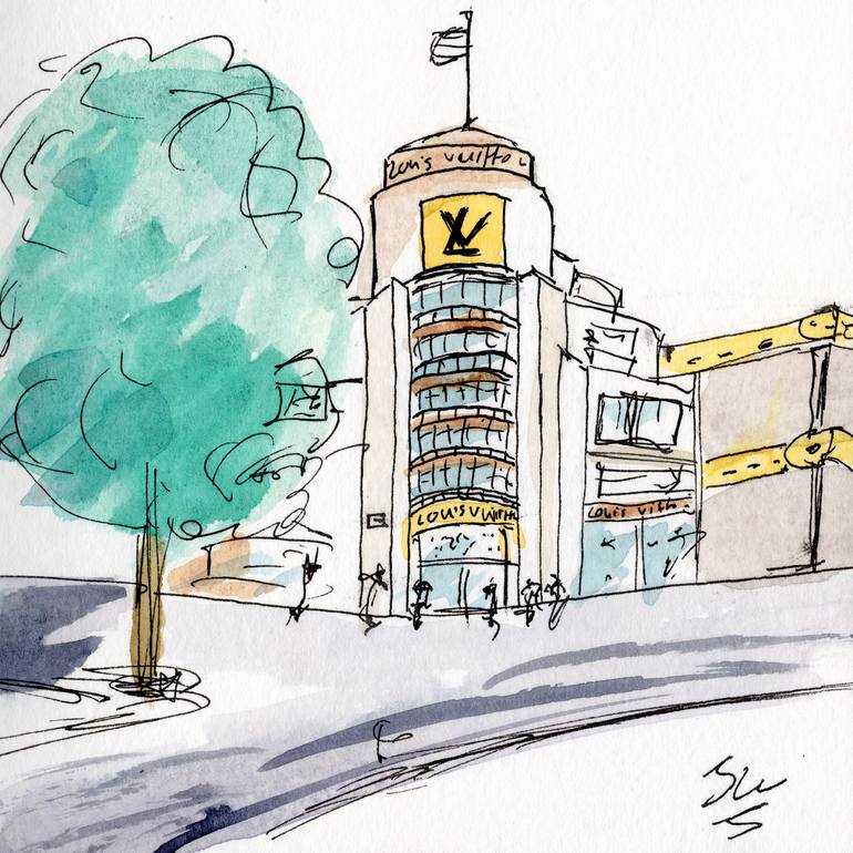 Original Architecture Painting by Jan-willem Eshuis | Vintage Art on Paper | Louis Vuitton Maison Champs-Elysees Store in Paris, France