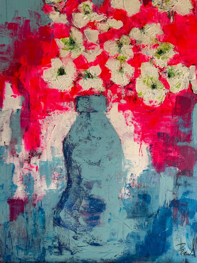 Original Floral Painting by Edith Bevers | Abstract Expressionism Art on Canvas | Chromatic Surge - Pink and Blue Floral - Chromatic Bloom Series