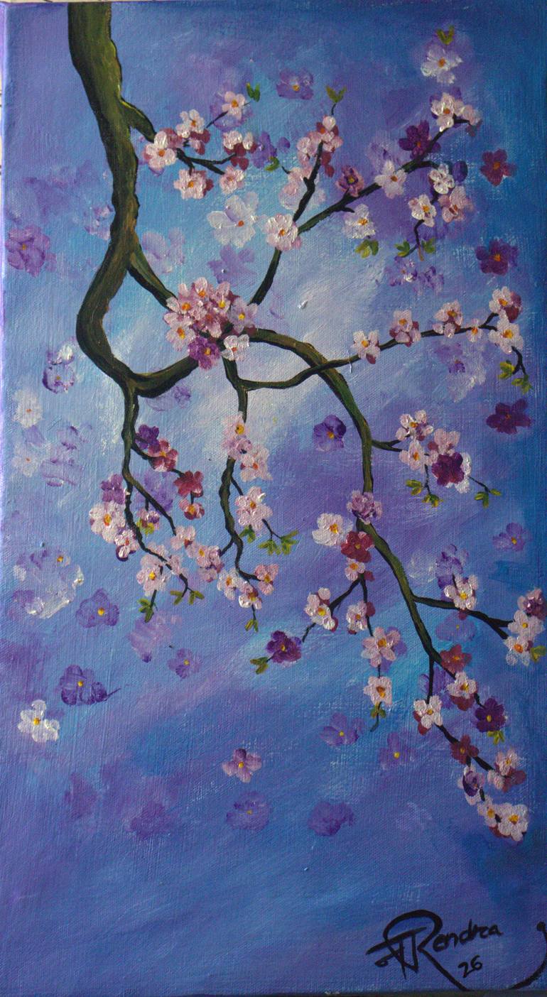 Original Floral Painting by Nirendra Kumar | Impressionism Art on Canvas | Cherry Blossoms Against Blue Sky