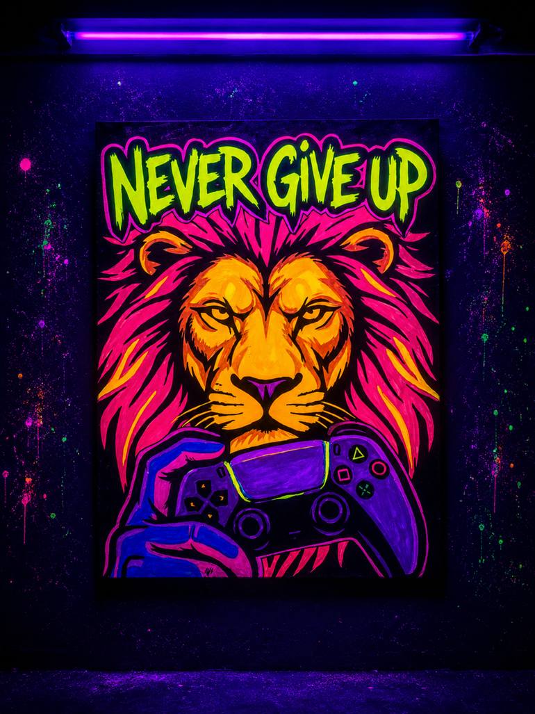 Original Animal Drawing by Mohammed Elsayed | Pop Art Art on Fabric | Neon King: Never Give Up