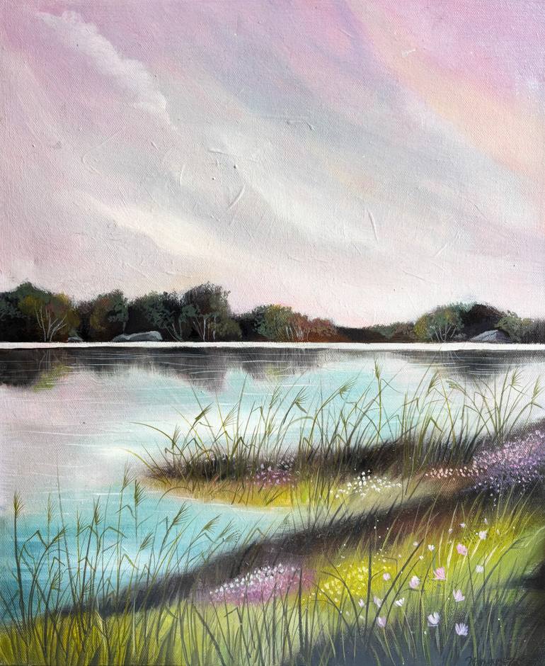 Original Landscape Painting by Johanna Virtanen | Abstract Expressionism Art on Canvas | Morning by the lake