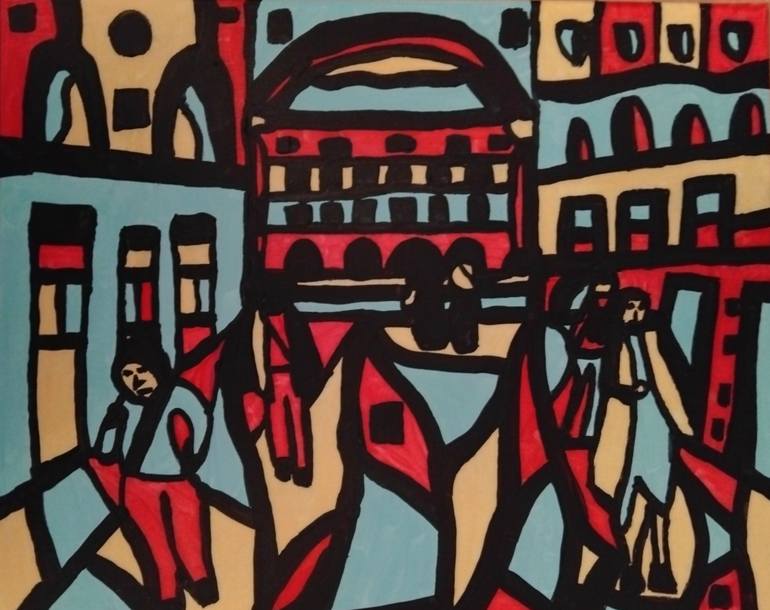 Original Architecture Painting by Alvaro Benito Carrascal | Contemporary Art on Canvas | Coming and going from the main square
