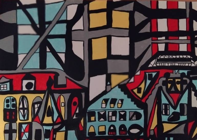 Original Architecture Painting by Alvaro Benito Carrascal | Contemporary Art on Paper | Old houses and new buildings in the city