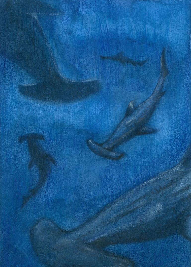 Original Seascape Painting by Amo Amo | Conceptual Art on Paper | The March of Hammerheads
