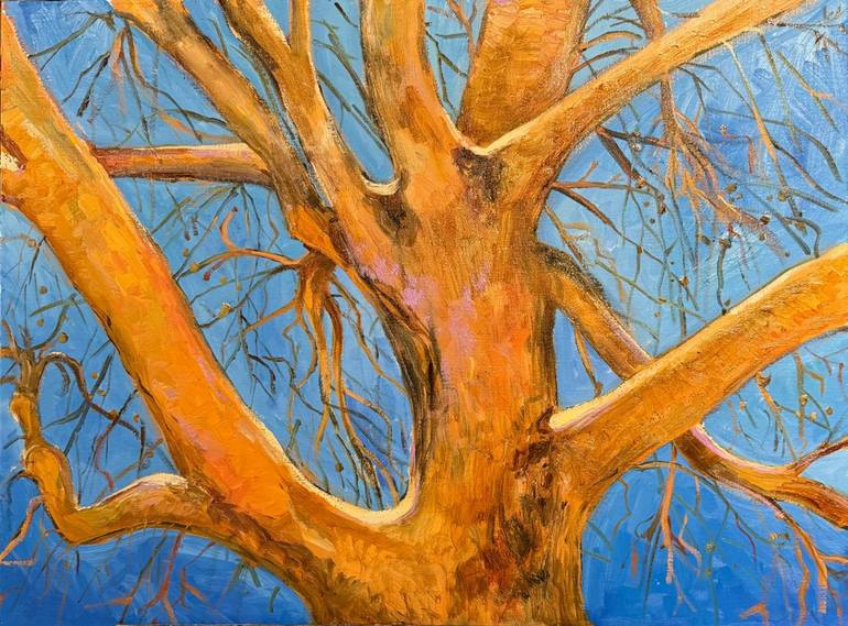Original Nature Painting by Lana Popova | Abstract Art on Linen | Golden Tree and Blue Sky