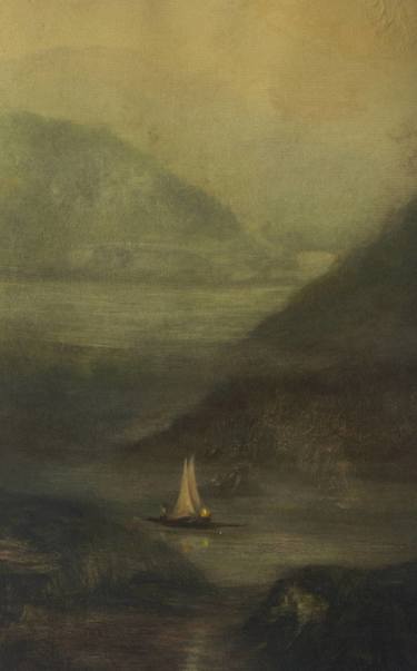 Slow Speed of a Sailing Boat Entering The Fjord in The Early Morning thumb